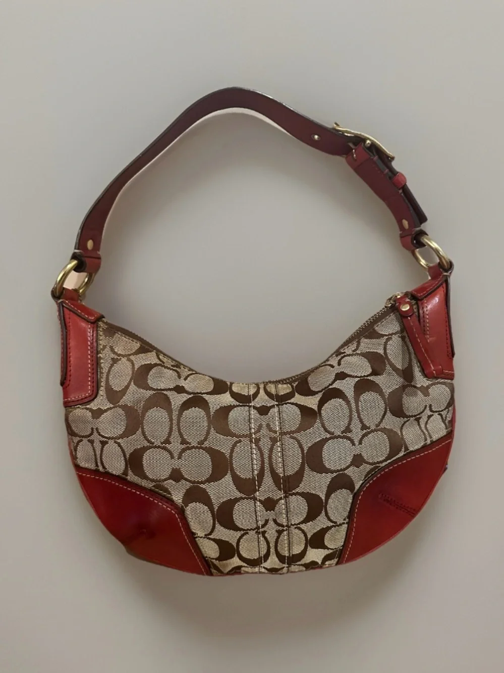 Coach Tan Signature Canvas Hobo with Red Leather Trim Rare Vintage Y2K